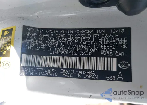 2013 Lexus Ct 200H from USA, damaged, VIN JTHKD5BH9D2172632